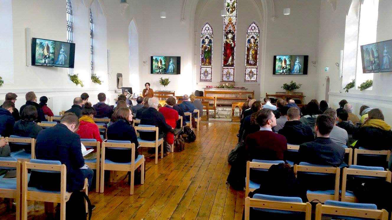 Elena Veguillas presenting at Face Forward in St. Laurence chapel on the Grangegorman campus of the Dublin Institute of Technology.