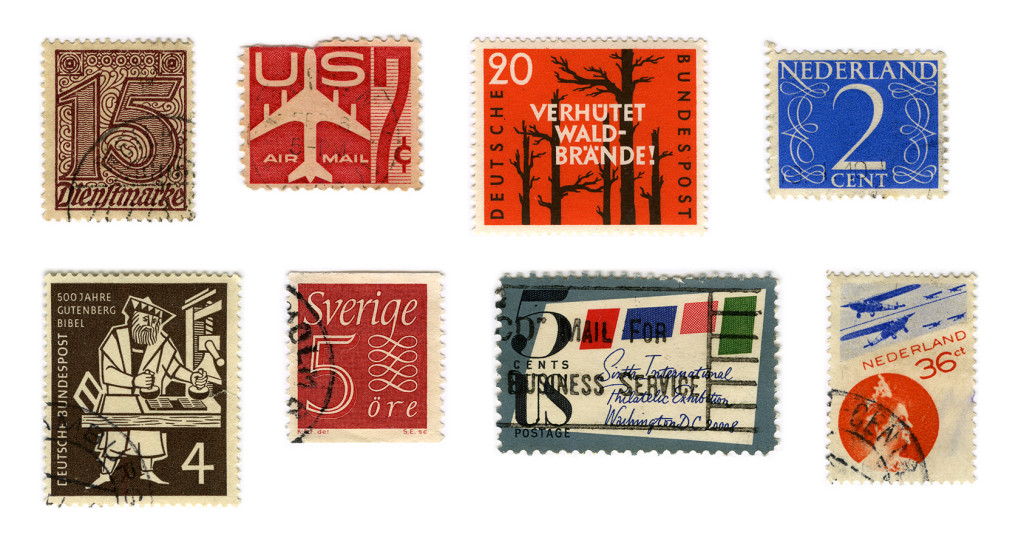 From left to right stamps designed by: unknown (2), Kern, Jan van Krimpen, Walter Brudi, Karl-Erik Forsberg, Thomas F. Naegele and Piet Zwart.