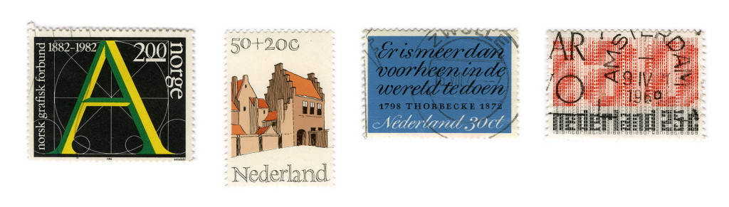 From left to right stamps designed by: Leif Anisdahl, Gerrit Noordzij (2) and Juriaan Schroder