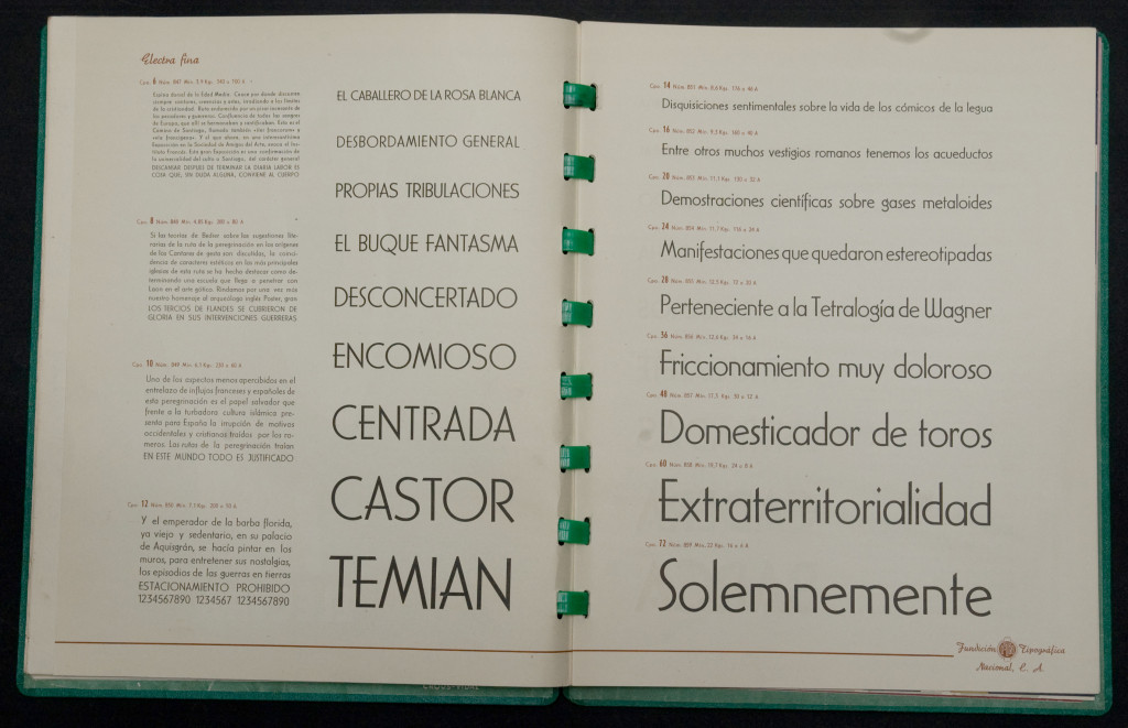 Type Specimen of Fundición Tipográfica Nacional, featuring Carlos Winkows's Electra, image courtesy of Jose Patau 