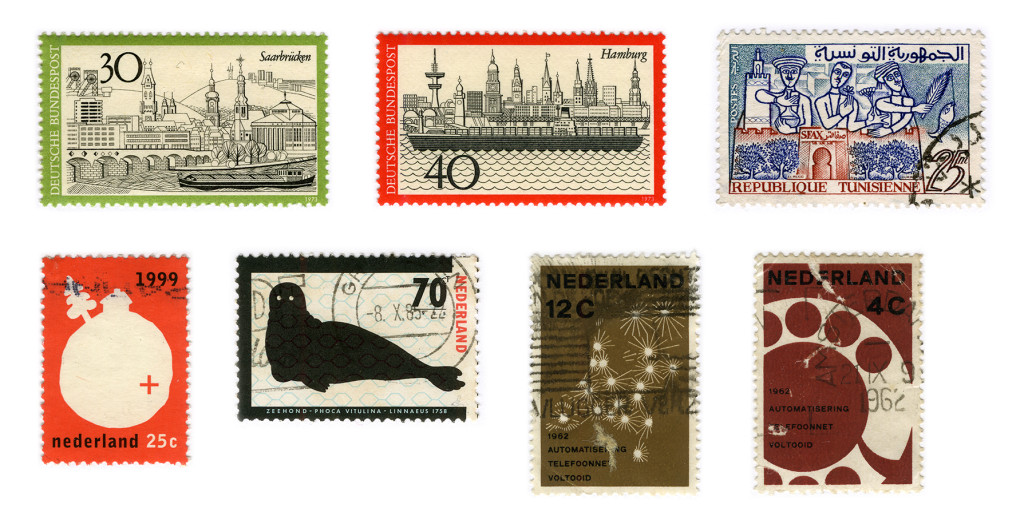 Some of the first stamps I bought.<br /> From right to left stamps by: Heinz Schillinger (2), Hatem El Mekhi, Willem Henri Lucas, Anthon Beeke and Otto Treumann (2)