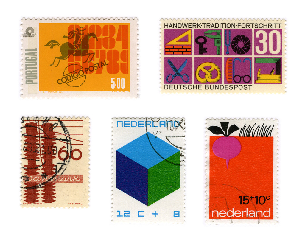 From left to right stamps designed by: J. L. Tinoco, Karl Oskar Blasé, R.Nellemann, William Pars Graatsma and Babs van Wely