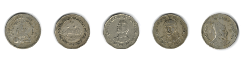 Commemorative ₹2 coins: Saint Thiruvalluvar (1995), World Food Day (1993), Subhash Chandra Bose (1997), Sri Aurbindo (1998), Chhatrapati Shivaji (1999) in the top row