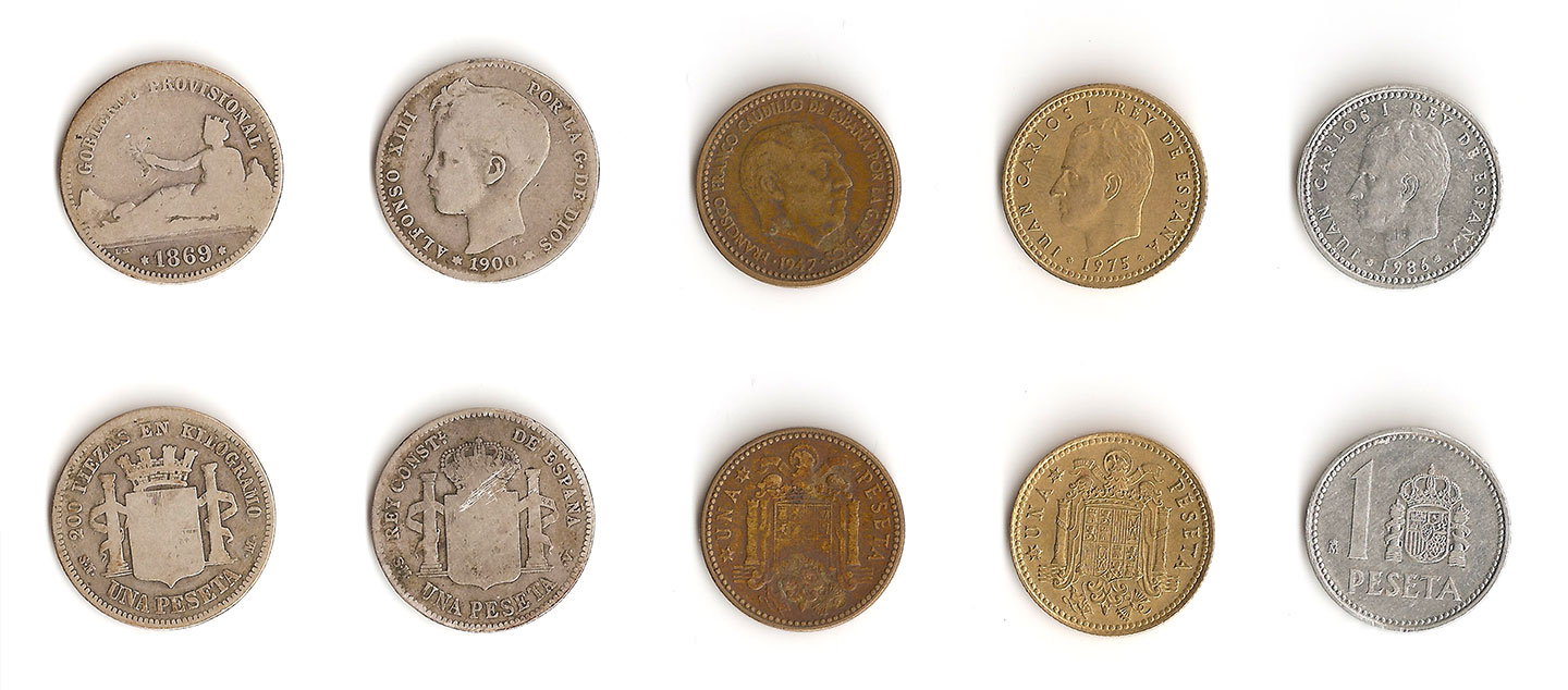The two sides of 5 historical models of the 1 peseta coin. From right to left, peseta from 1869, 1900, 1947, 1975 and 1986 