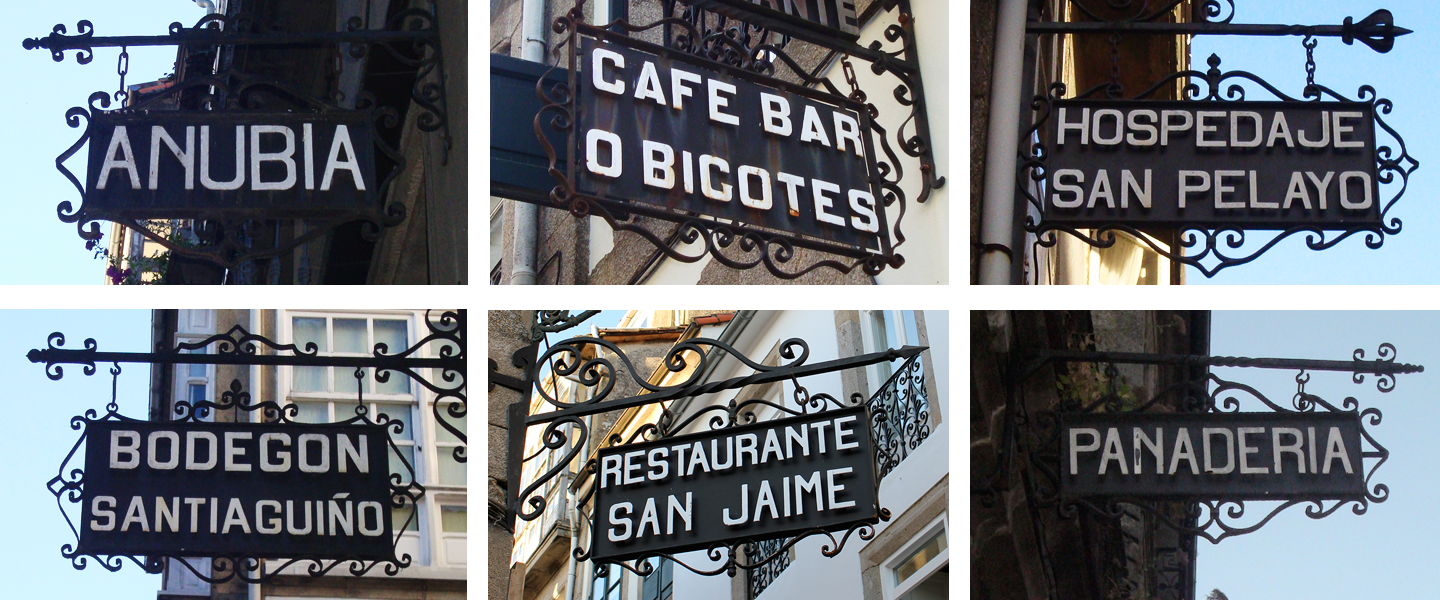 A few examples of signs used for advertising places like restaurants, hostels or bakeries.