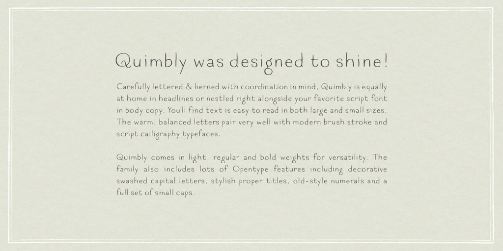 Type specimen for the Quimbly font family