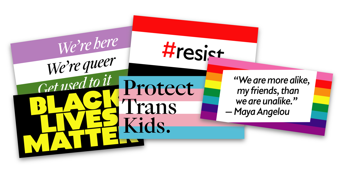 Five banners designed for the Oslo Pride parade