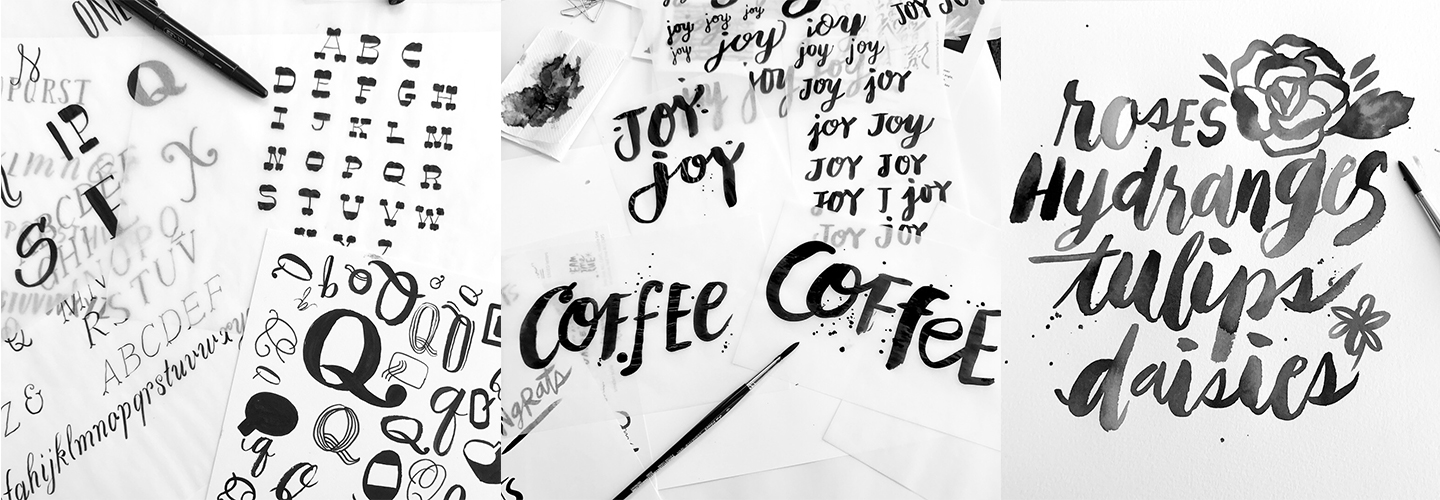 Various examples from a brush lettering workshop at Hallmark.