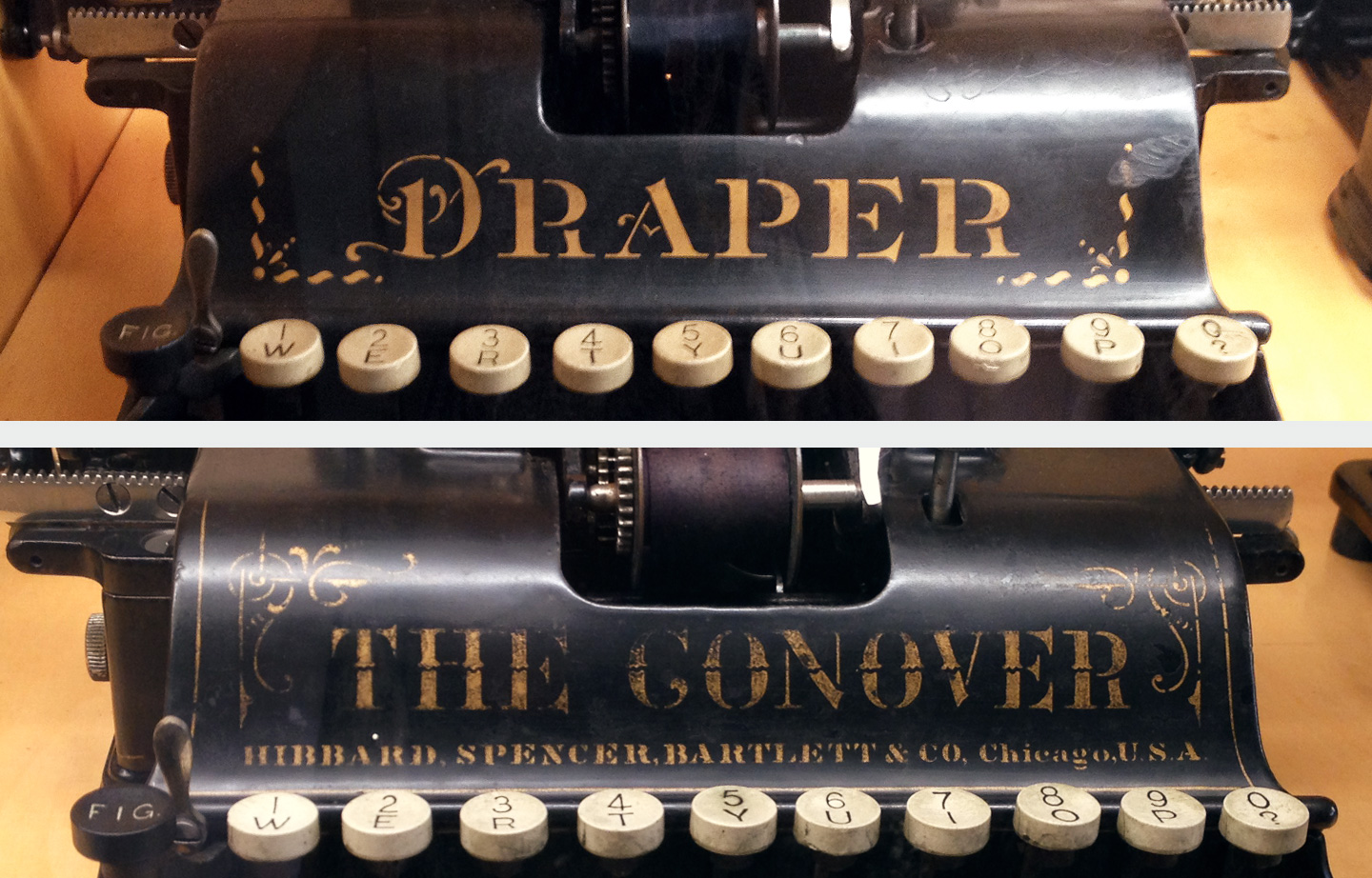 Samples of lettering work in two different typewriters