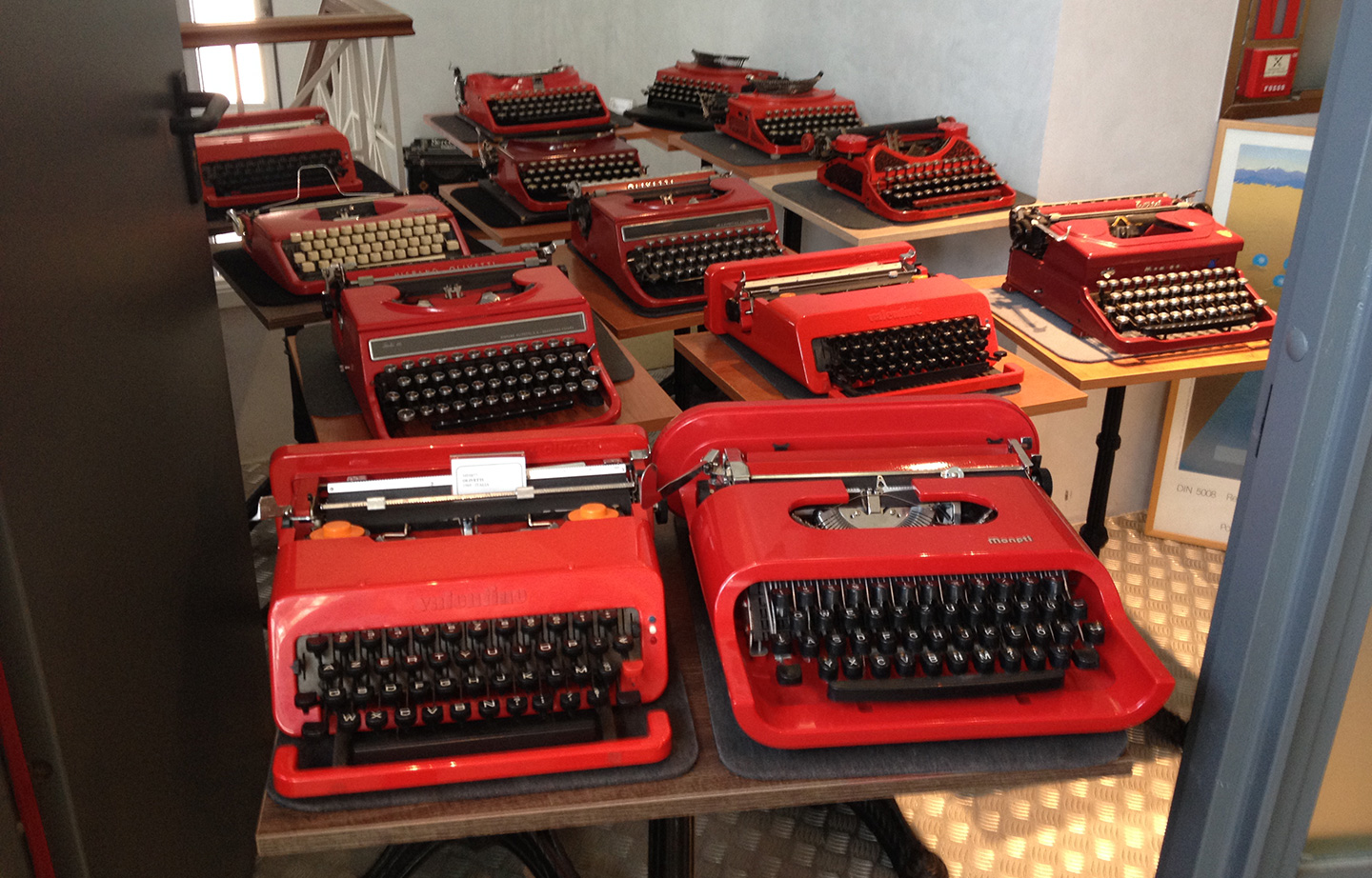 Group of different typewriters red models