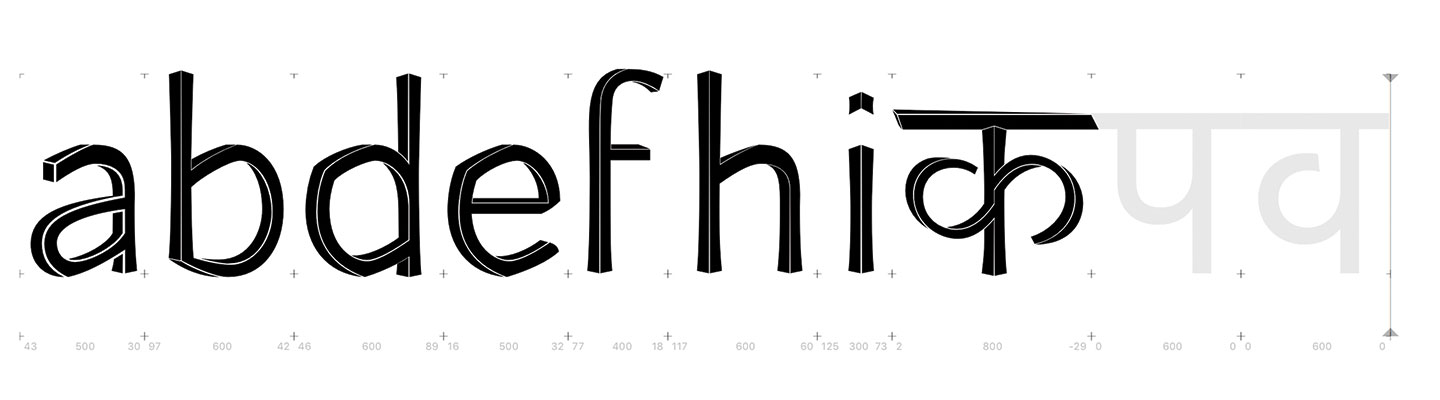 Intermediate design for letters a b d e f h i क 