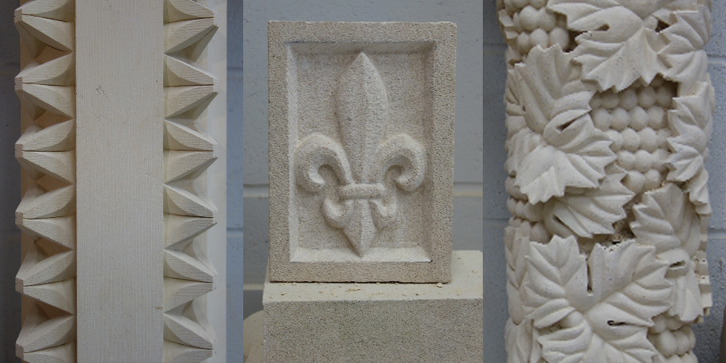 Carved dog-tooth hearth, Fleur de Lis, and grape leaves, all carved by master stone carver Eilidh Fridlington, Ministry of Stone, Lincoln, England