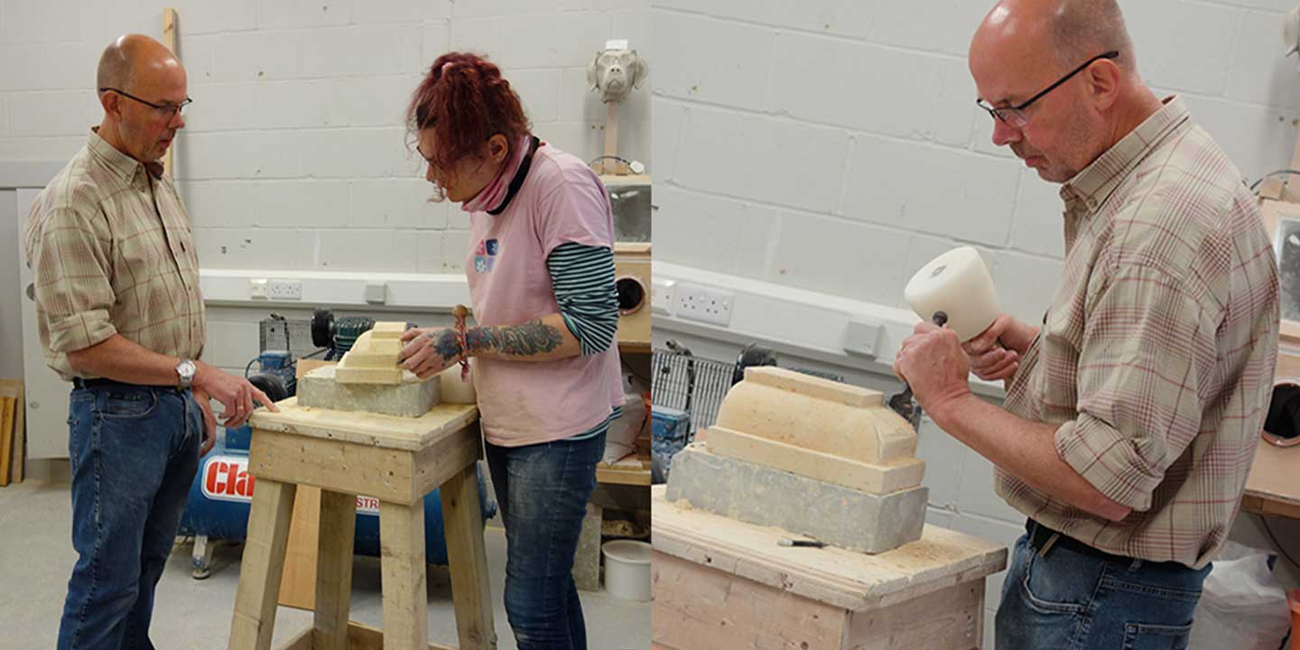 Novice stonecutter inside Ministry of Stone studio learning how to cut stone under guidance of Eilidh Fridlington