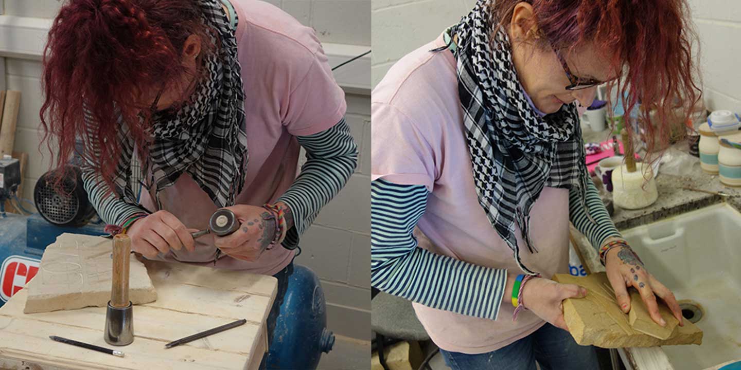 Eilidh Fridlington inside Ministry of Stone studio helping fix inconsistencies in stone cutting; Eilidh is hunched over bench in one image and cleaning the stone in the other
