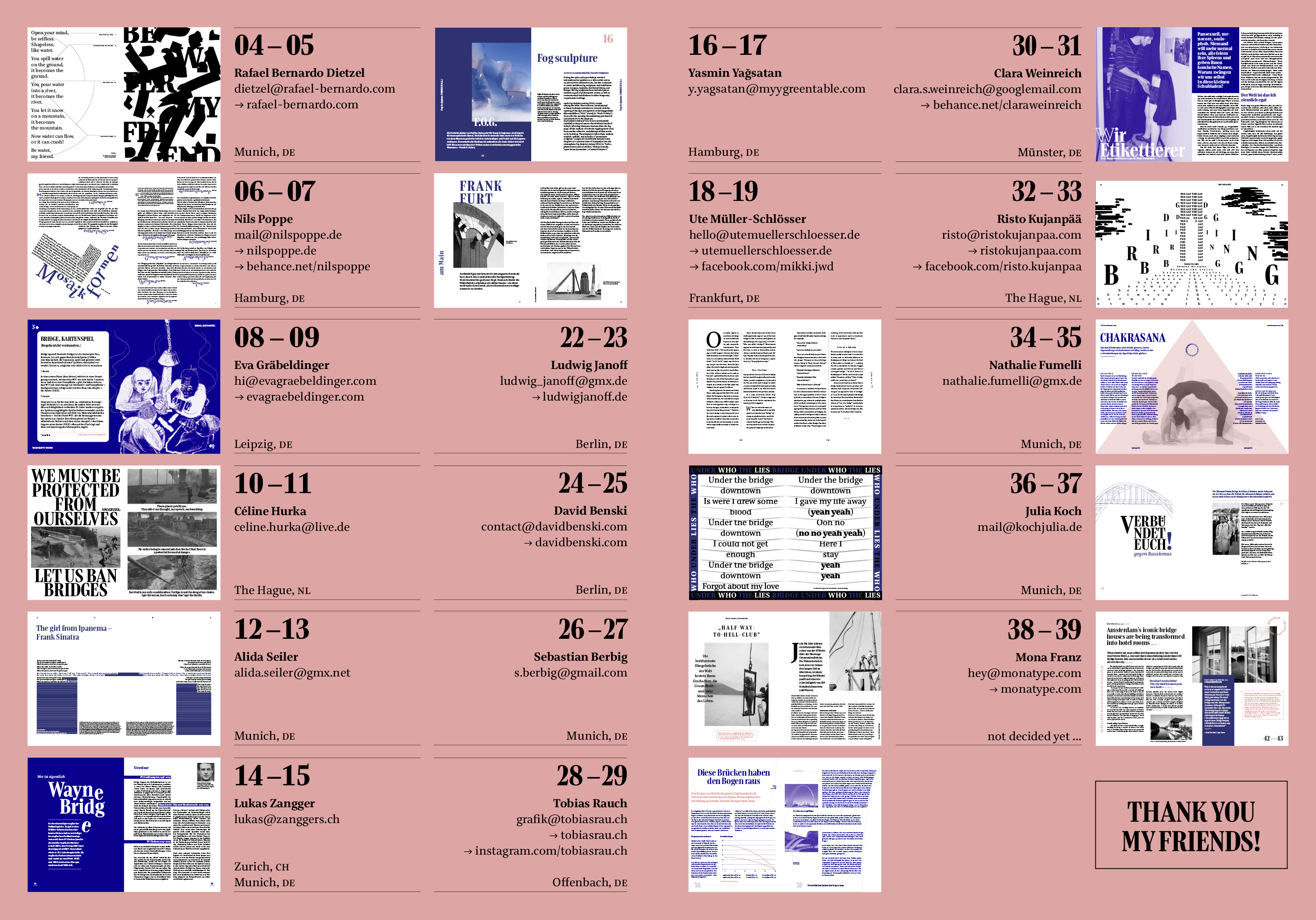 Layout overview of Bridge in use from different designers.
