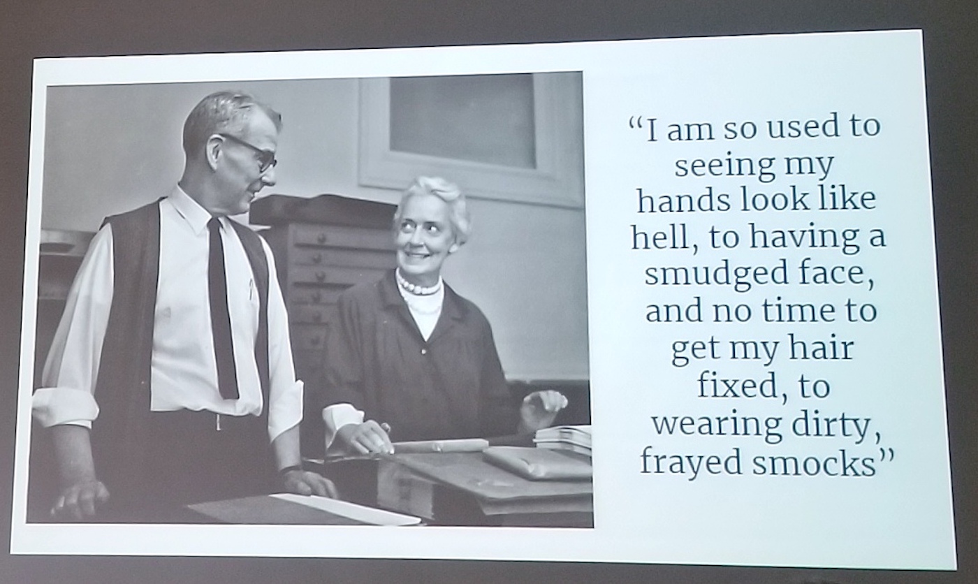 slide from presentation with image on the left and quote on right from Jane Grabhorn which says "I am so used to see my hands look like hell, to having my face smudged, and no time to get my hair fixed, to wearing dirty, frayed smocks