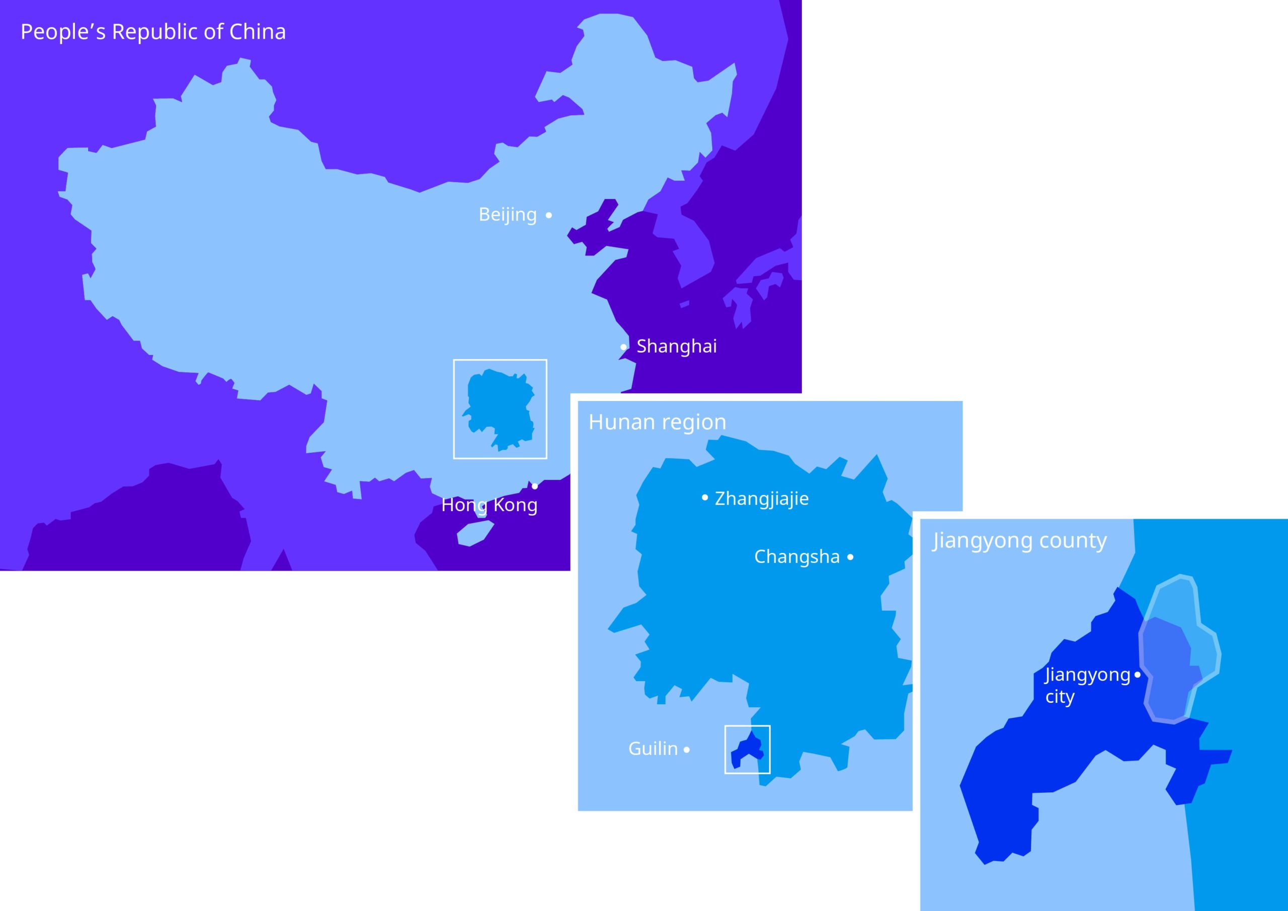 Illustration maps of China, zoom on Hunan region and Jiangyong county in shades of blue and purple
