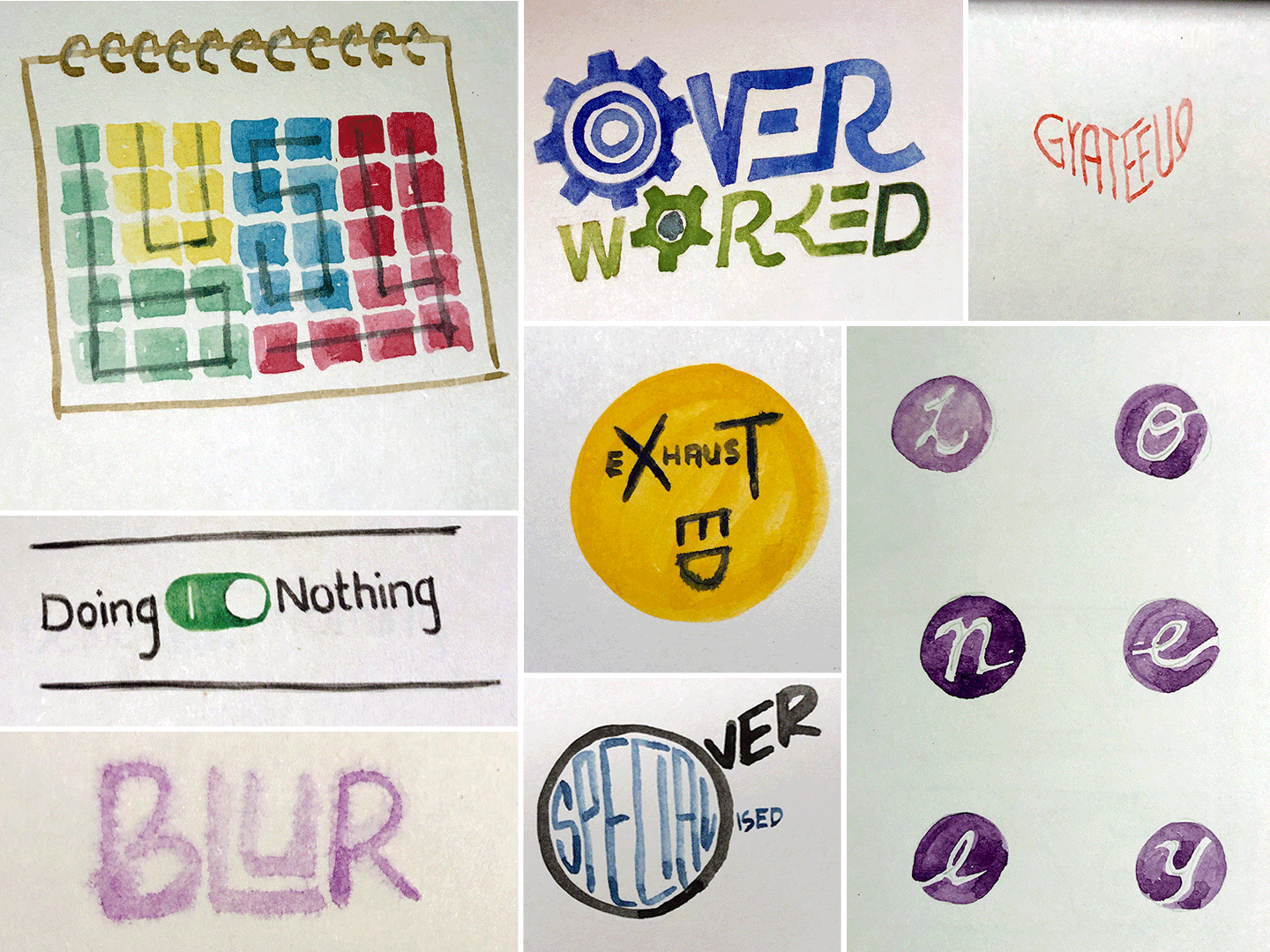 Collage of expressive typography using watercolours. The words expressed are: Busy, Doing Nothing, Blur, Over-worked, Exhausted, Overspecialised, Grateful and Lonely.