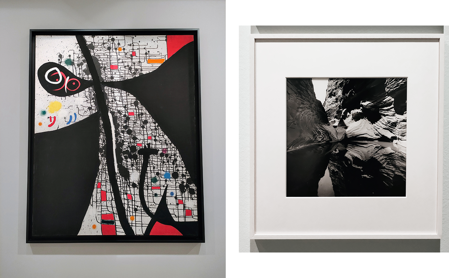 an abstract painting and a black and white photograph