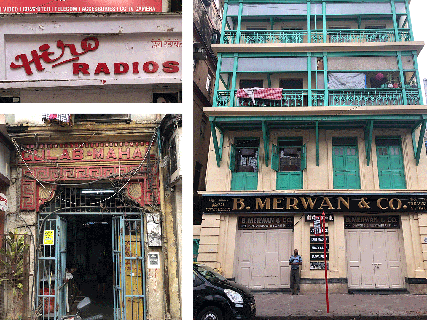 Signages on shops and buildings around Mumbai. Top Left is Hiro radios, below that is Gulab Mahal in red 3D letters on a building entrance and to the right is B. Merwans & Co. a Restaurant