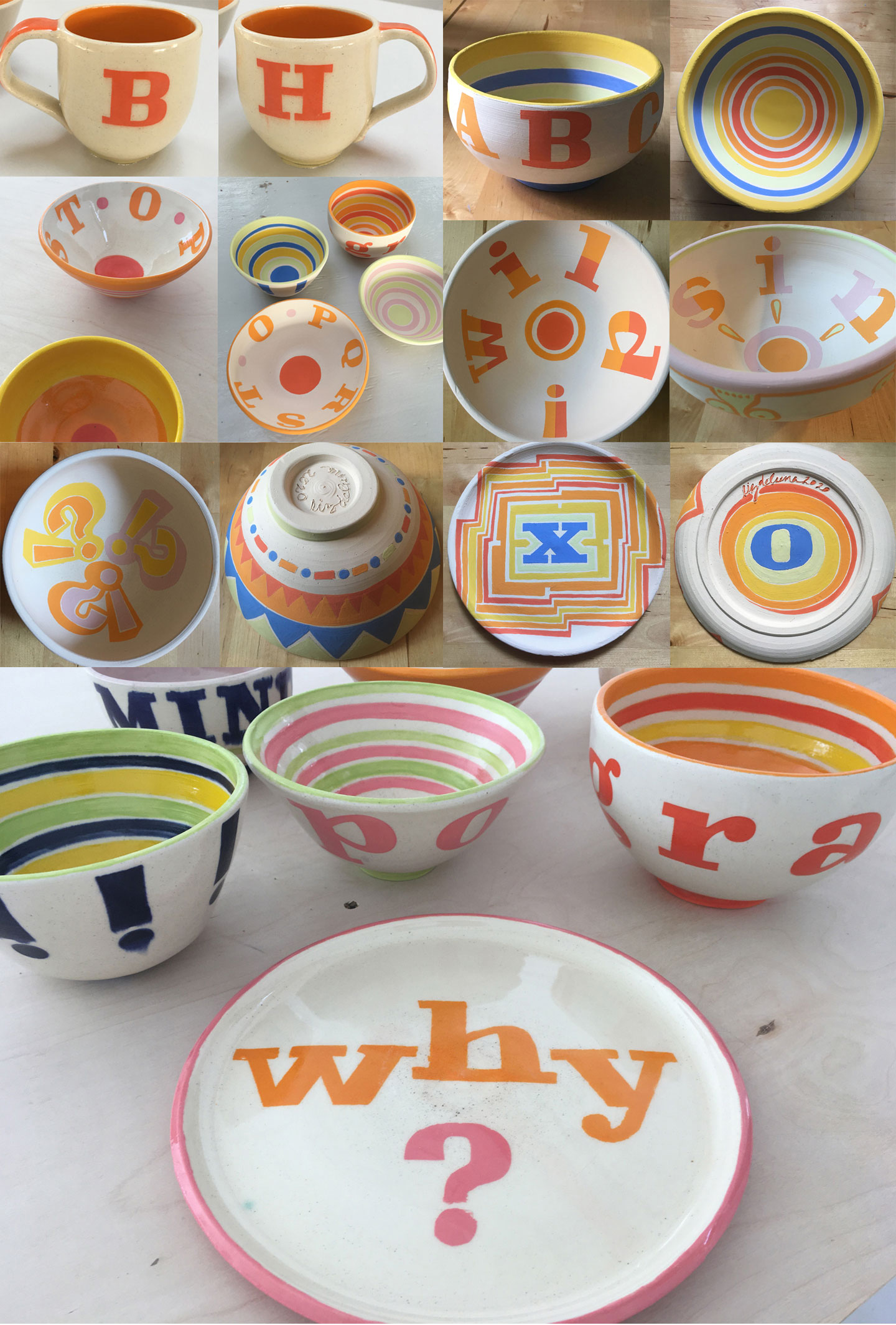 Mugs, bowls and plates. In process and after final glazing