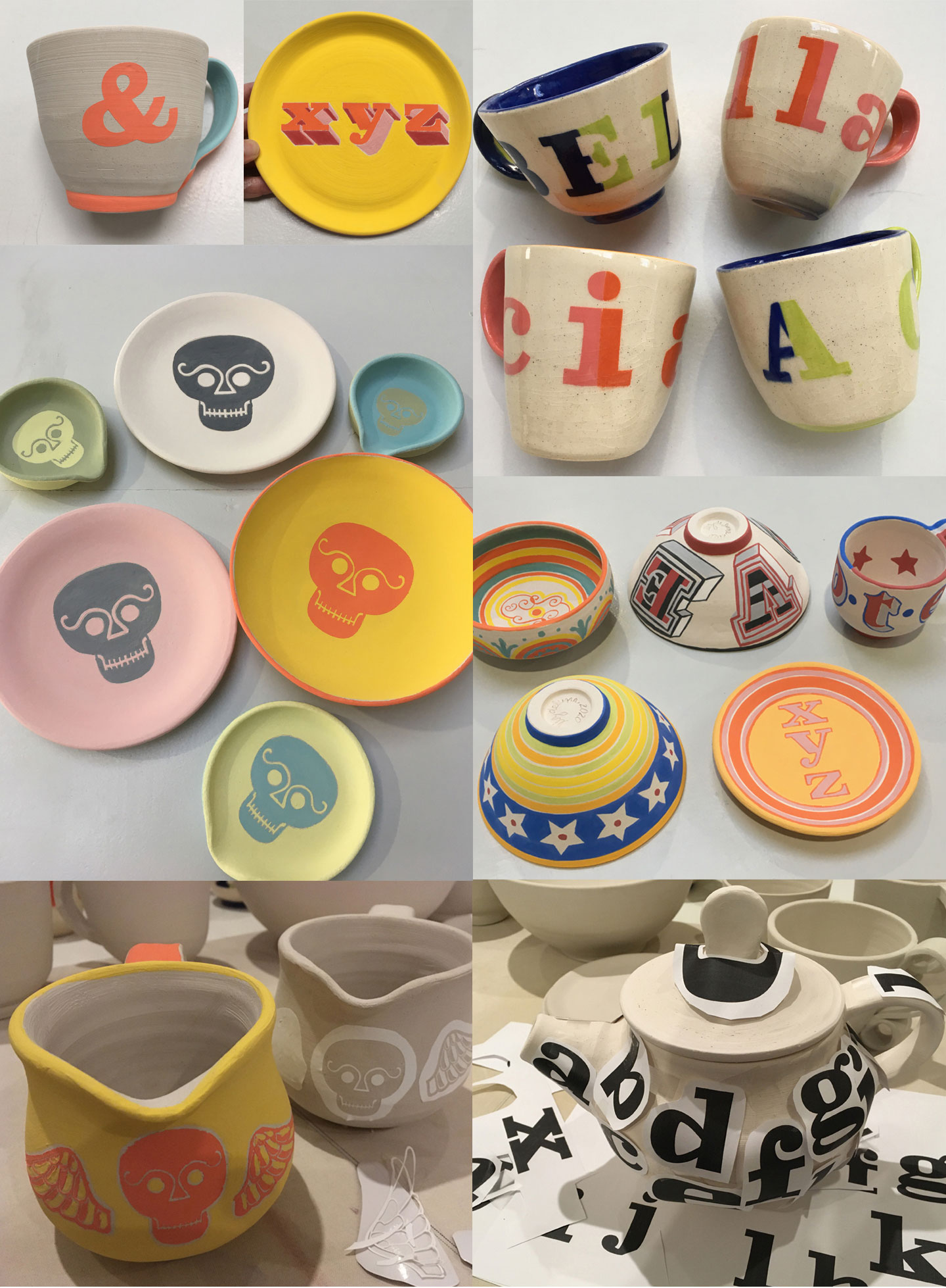 More mugs, bowls, plates, pitchers and a teapot: In process and after final glazing