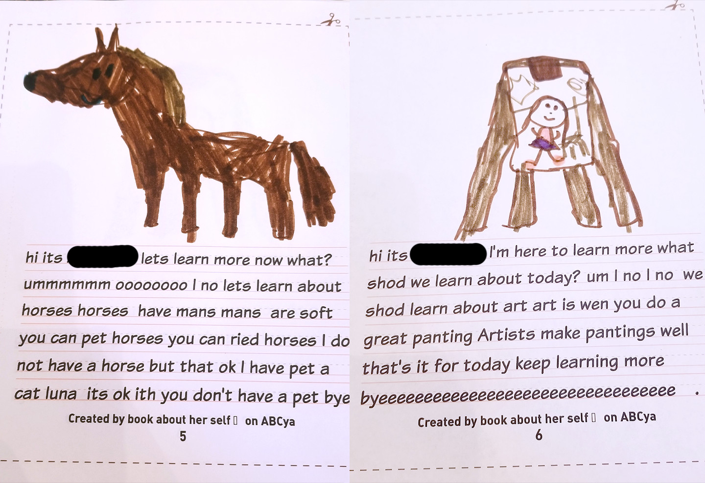 two pages of text written by a child in conversational language; one page is about horses, the other is about artists