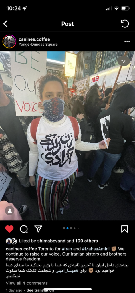 screenshot of an instagram post of woman at a crowded protest rally with her mouth covered with a cloth holding a sign wearing a white teshirt with black lettering