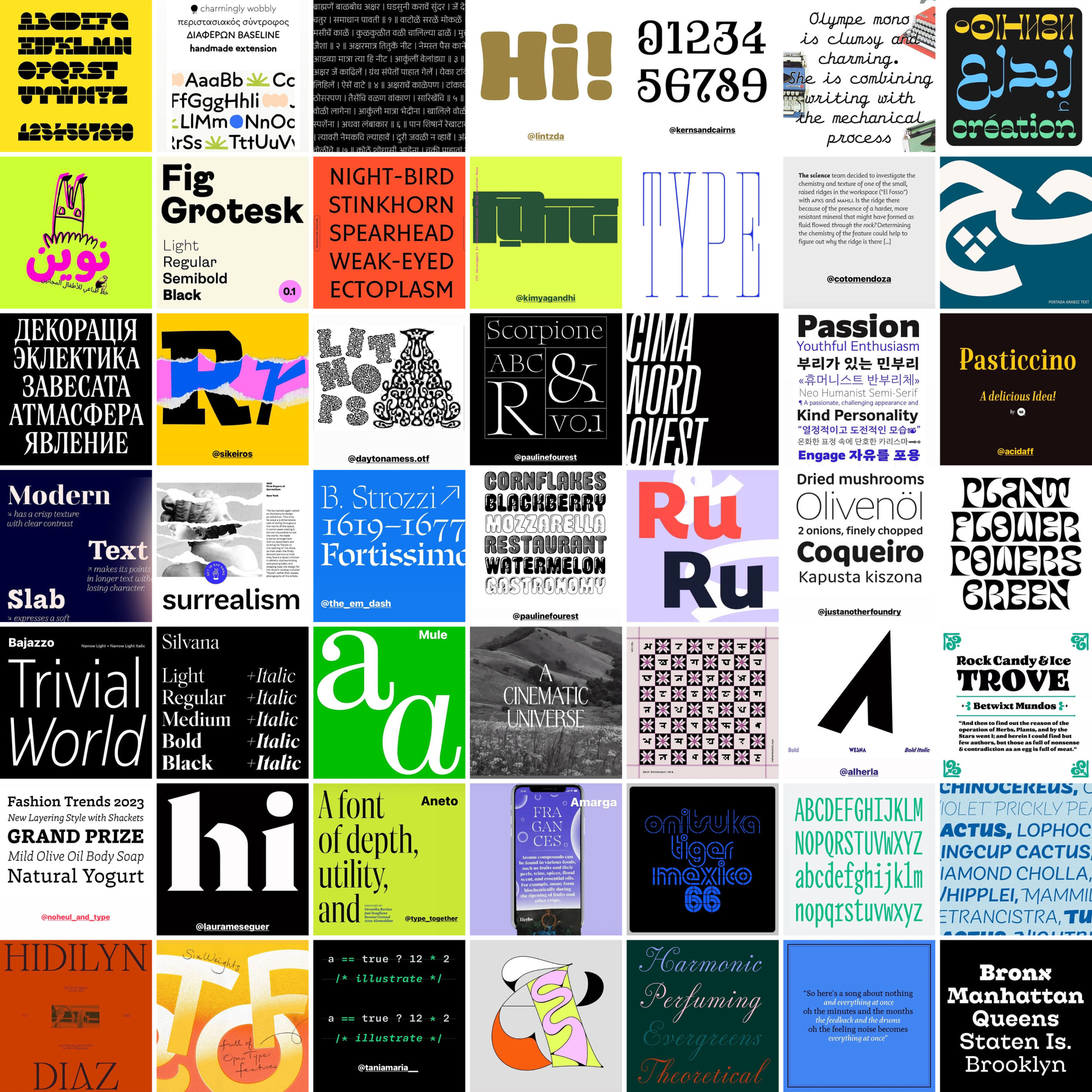 a grid of graphics promoting different fonts -- shown in a range of colors and scale