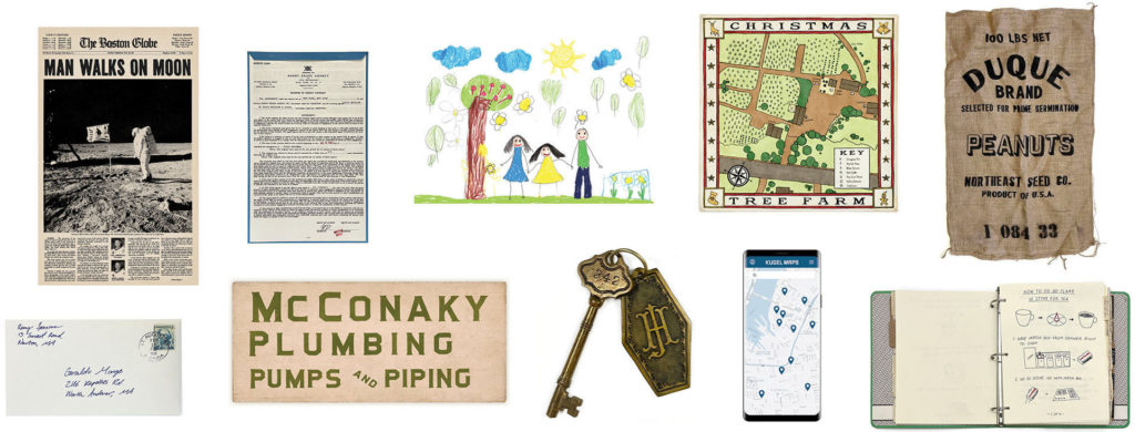 Array of graphic designed items: newspaper, contract, kid's drawing, map, burlap bag, mail, plumber sign, hotel key, phone map app, binder