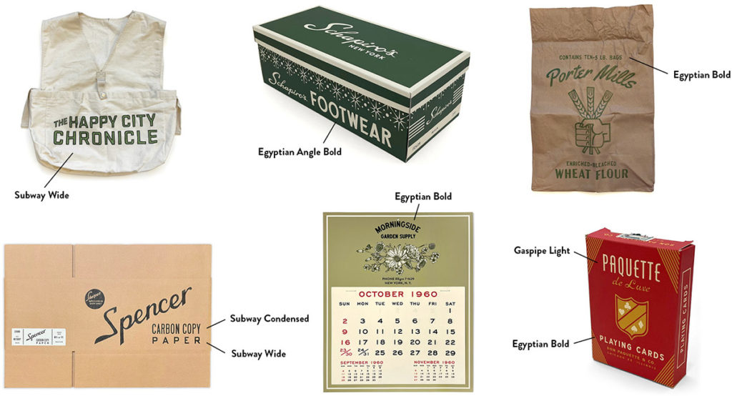 Array of graphic items: newsie vest, shoebox, paper wheat bag, carbon paper box, wall calendar, and card box