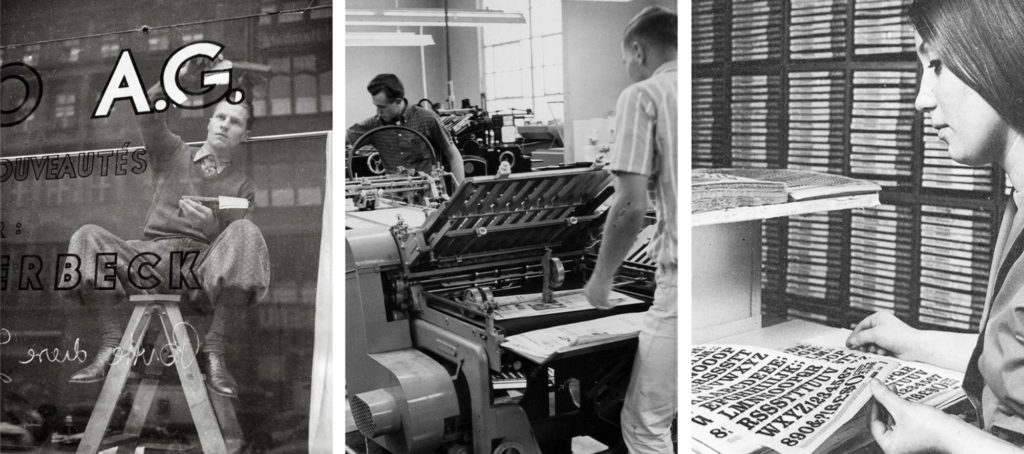 A sign painter applying gold leaf to a window, a man operating an offset printing press, and a woman working with a sheet of Letraset.